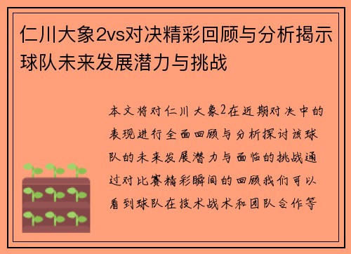 仁川大象2vs对决精彩回顾与分析揭示球队未来发展潜力与挑战