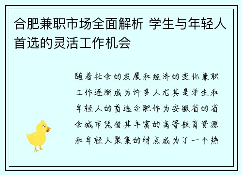 合肥兼职市场全面解析 学生与年轻人首选的灵活工作机会