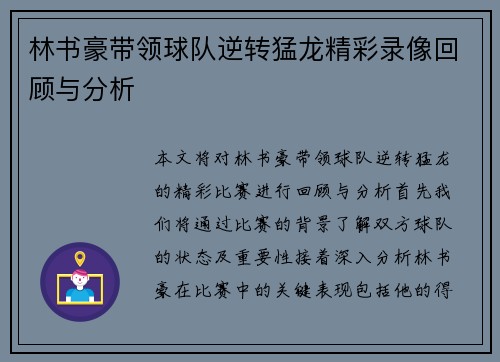 林书豪带领球队逆转猛龙精彩录像回顾与分析