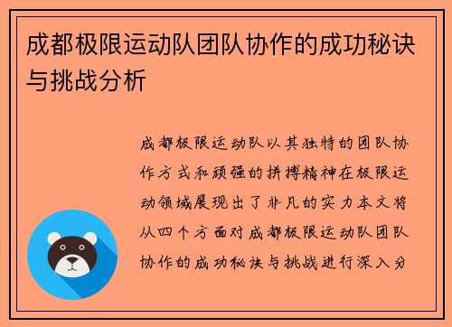 成都极限运动队团队协作的成功秘诀与挑战分析