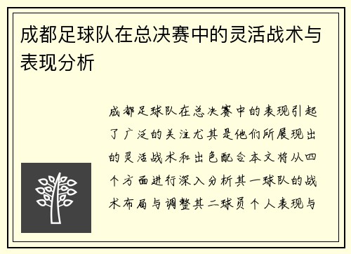 成都足球队在总决赛中的灵活战术与表现分析