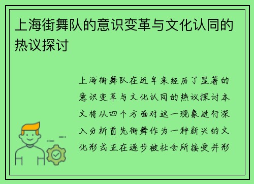 上海街舞队的意识变革与文化认同的热议探讨