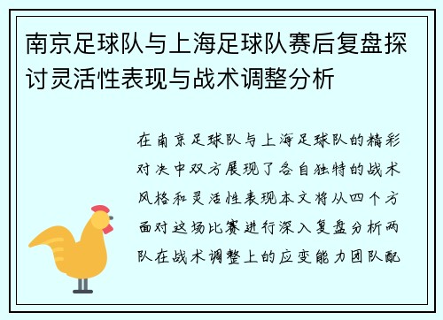 南京足球队与上海足球队赛后复盘探讨灵活性表现与战术调整分析