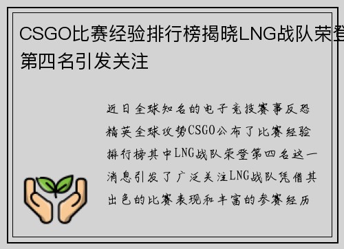 CSGO比赛经验排行榜揭晓LNG战队荣登第四名引发关注